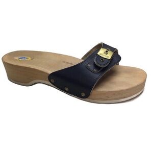 Dr. Scholl’s Original Classic Black Leather Wooden Slide Sandals